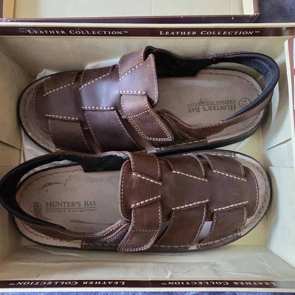Hunter's Bay Sandals Shoes Mens Size 13 Brown Leather Hook Loop Casual
